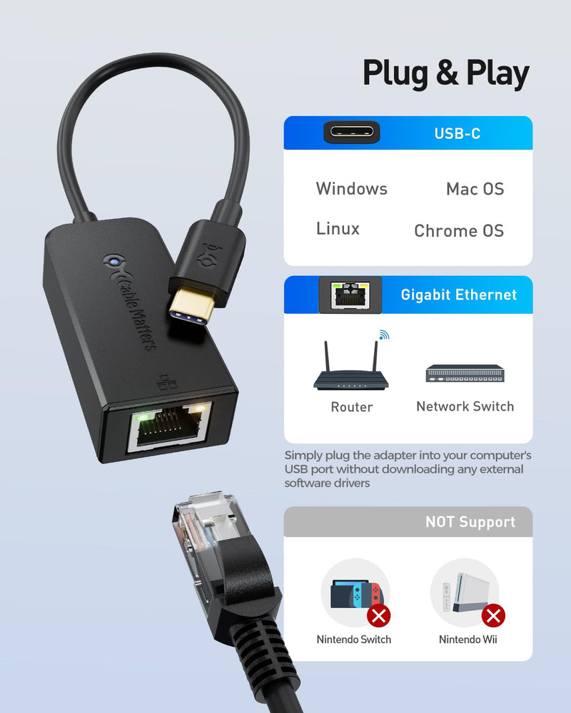 Cable Matters 2-Pack Plug & Play USB C to Ethernet Adapter with PXE, MAC Address Clone (Thunderbolt to Ethernet Adapter, Gigabit Network to USB C) - Compatible with MacBook Pro, XPS, Surface Pro Black