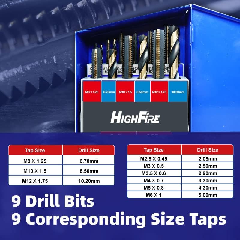 HIGHFIRE 18-Piece Metric Drill and Tap Set with 1 Piece T-Handle Ratchet, Black and Gold Premium HSS Jobber Length Drill Bits and Hand Plug Taps with Metal Indexed Box 18PCS metric
