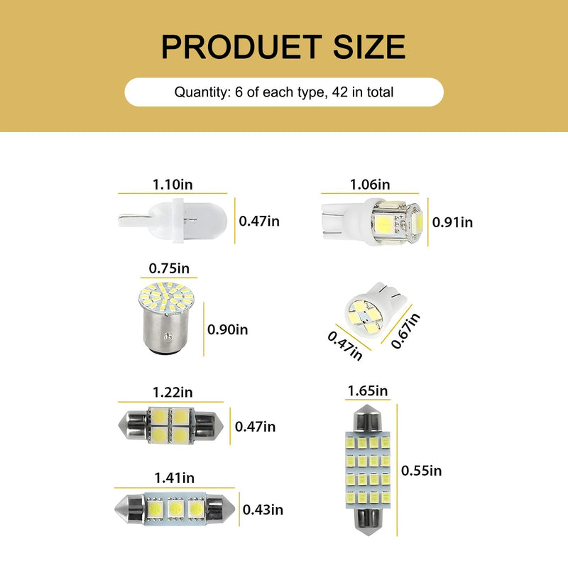 42 PCS Car Interior LED Light Combination Set, T10 31 mm 36 mm 41 mm Reading Light License Plate Light, Wide Angle Super Bright Lighting Plug and Play Bulb, Universal for Cars (White) 42 PCS
