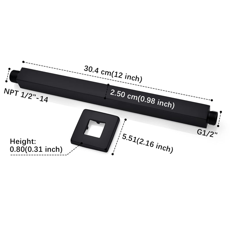 12 Inch Square Ceiling Mounted Shower Arm and Flange, Matte Black 12 Inch