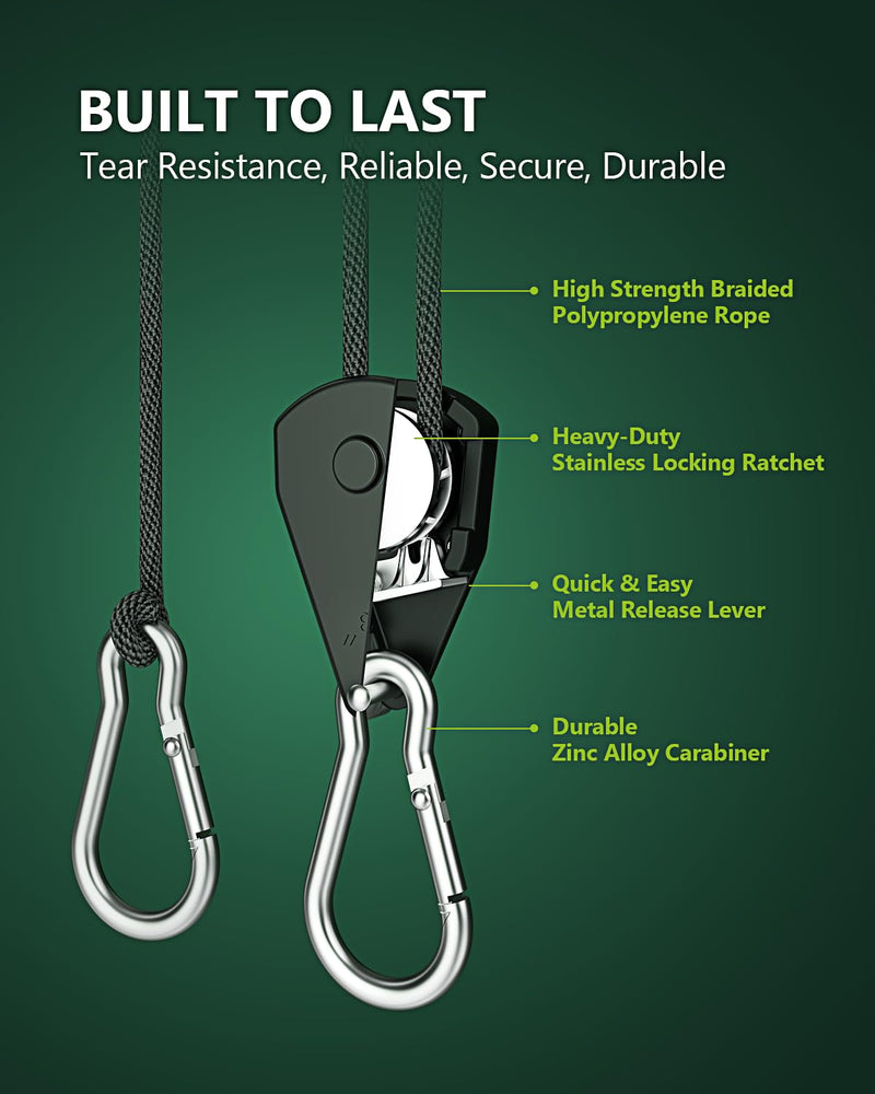 4-Pack 1/8" Adjustable Rope Hanger, Heavy Duty Ratchet Tie Down Strap with Reinforced Metal Gear, Ratcheting Pulley System Kayak Straps for Hanging Plants Grow Light and Various Tie-Down Uses 4-Pack 1/8"