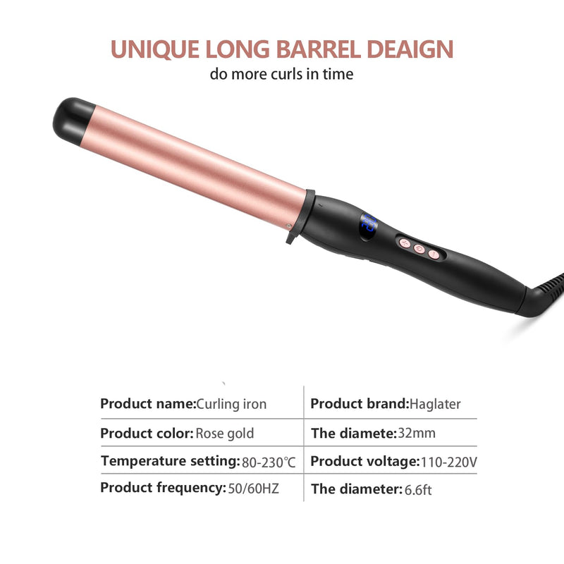Hair Curling Wand 32mm, Haglater Curler Quick Heating Curling Wand for Long Hair, Ceramic Barrel Curling Iron with Adjustable Temperature 80-230°C 1.3″