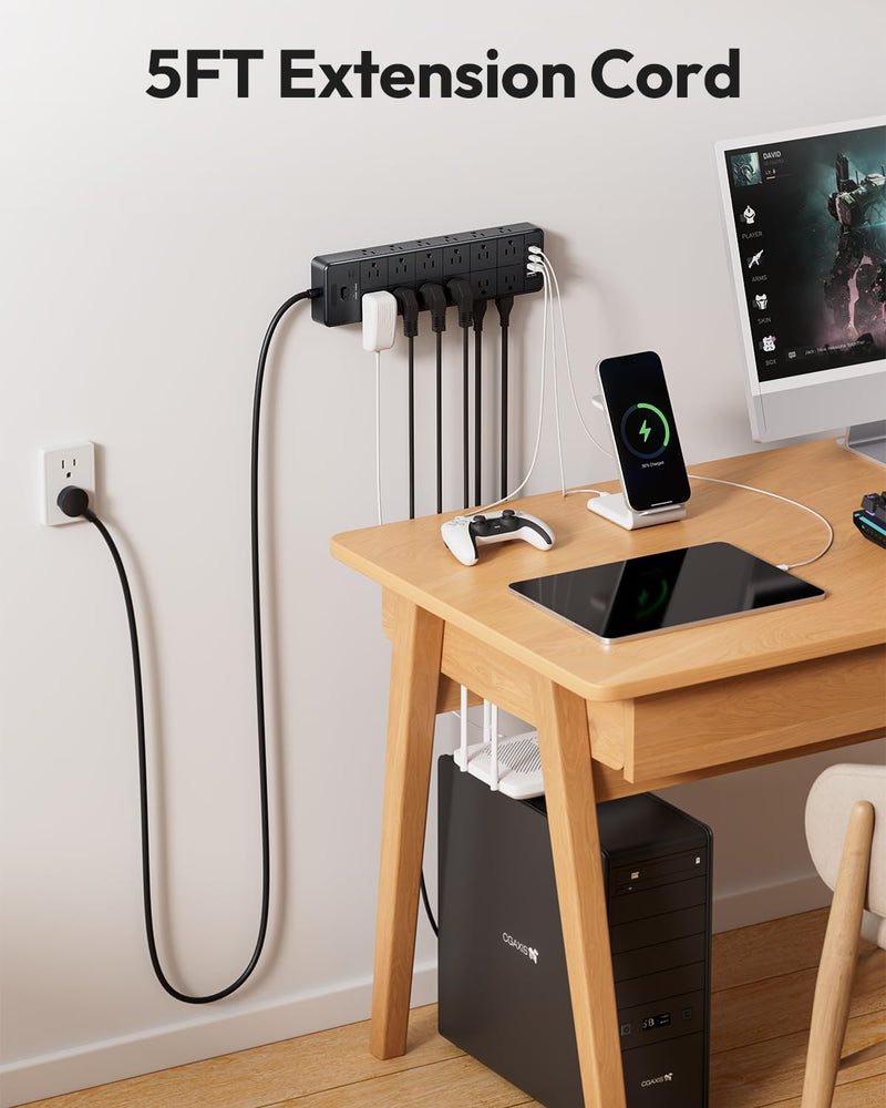 Large Power Strip Surge Protector, NTONPOWER 5FT Extension Cord with 24 AC Outlets, 1875W/15A, 4000 Joules Flat Plug Power Extender for Home, Office, Dorm, Gaming Room, Black