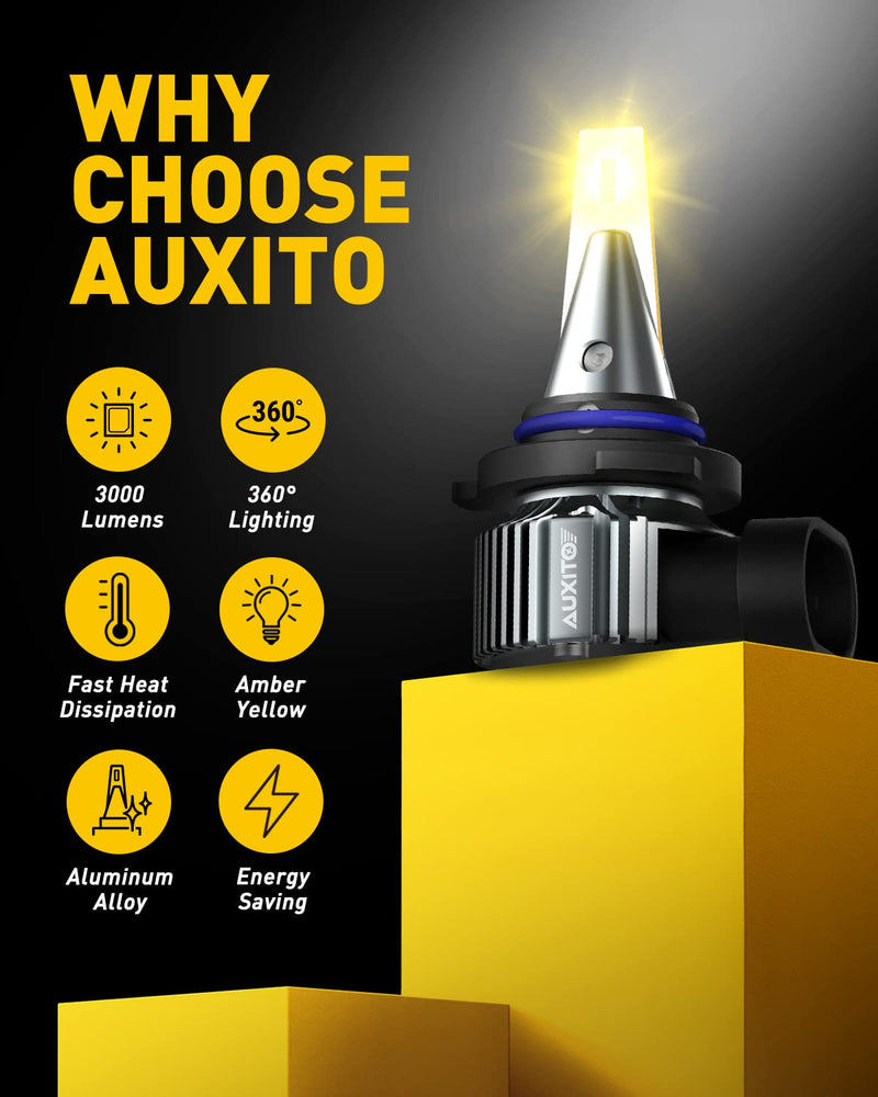 AUXITO 9006 HB4 LED Fog Light Bulbs, 3000K Amber Yellow, 6000 LM High Brightness, 30W Play and Plug, Super Penetration with 12 CSP Chips, Waterproof, DRL Bulbs Replacement for Cars, Pack of 2