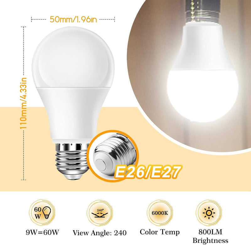 Full Spectrum Light Bulb, 6000K Natural Sunlight Bulbs, 9W 60W Equivalent LED Light Bulb, Natural Light Bulbs A19, E26/E27 LED Light Bulbs for Home, 6 Pack 6000k Daylight 6 Count (Pack of 1)