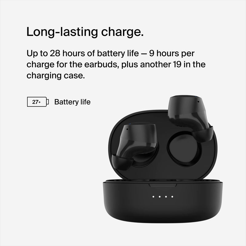 Belkin SoundForm Bolt True Wireless Earbuds, Wireless Charging, 28H | In-ear Bluetooth earbuds, IPX4 sweat resistant, USB-C and Qi charging case, mono mode, gym, commute, travel Black