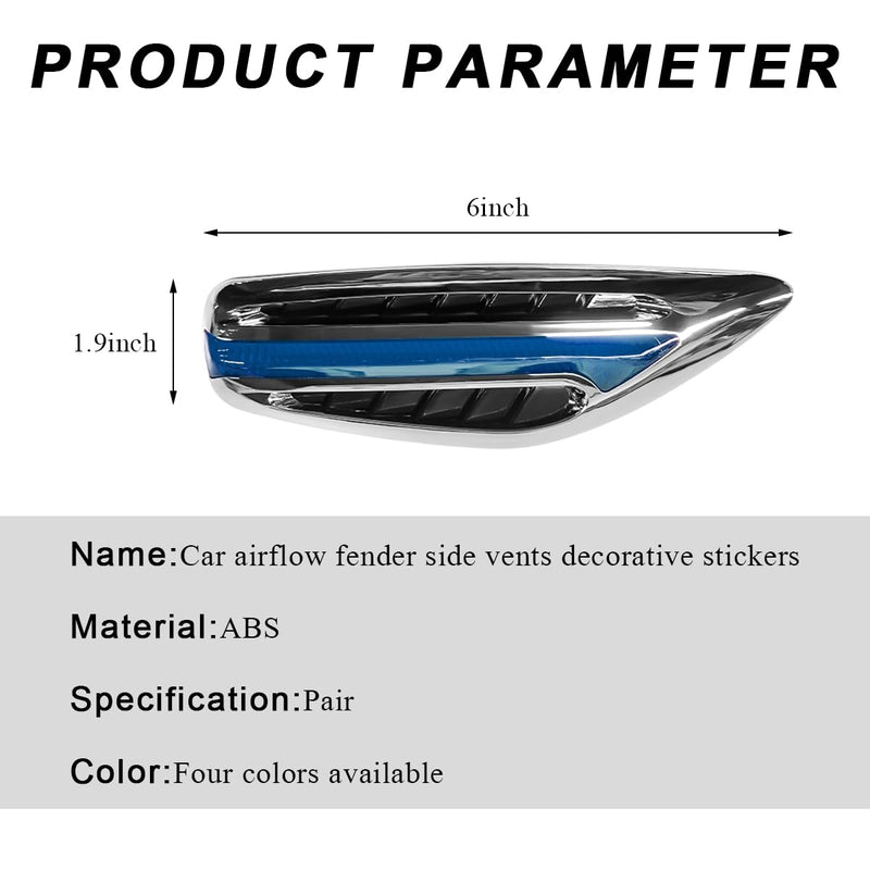 2 PCS Car Hood Vent Trim, Waterproof Stylish Vehicle Air Flow Fender Side Vent Decor Sticker, Durable ABS Plastic Blue