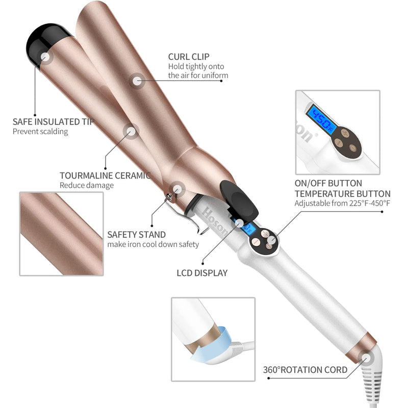 Hoson 45mm Curling Tongs Large Barrel Hair Curler, 1.5" Long Barrel Curling Wand Dual Voltage, Ceramic Tourmaline Coating with LCD Display, Glove Include