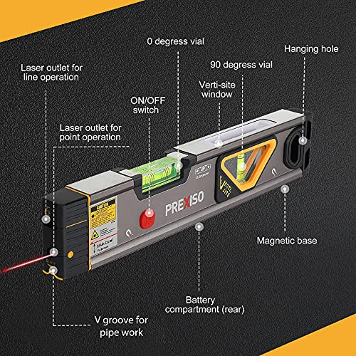 PREXISO 2-in-1 Laser Level 100Ft/30Ft, 12" Magnetic Spirit Level with Light