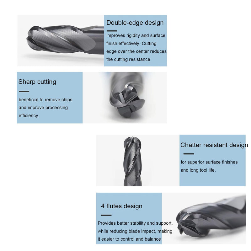 1/4" Extra Long Carbide Ball Nose End Mill for Alloy Steels/Hardened Steels, 4" Overall Length End Mill Bits, 4 Flute HRC 55 Deg AlTiN Coating, CNC Router Bits (1 Piece) 1/4" Extra Long