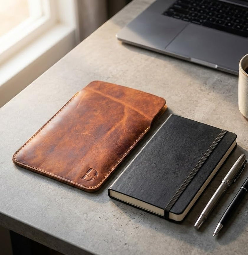 Dessi Handmade Crazy Horse Full Grain Leather Slim Sleeve Case for Standard Kindle Paperwhite (Not 2024), iPad mini, Kobo Ereader, Moleskine Pocket Journal, Field Notes - 8 Inch Travel Pouch Cover