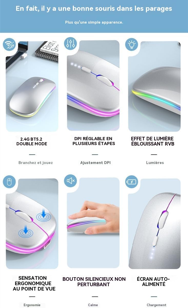 Rechargeable Wireless Mouse, Silent Bluetooth Mouse Silver | Supports Bluetooth 5.2 and 2.4G dual-mode, ergonomic design with LED indicator - portable, for Laptop, Desktop & Tablet