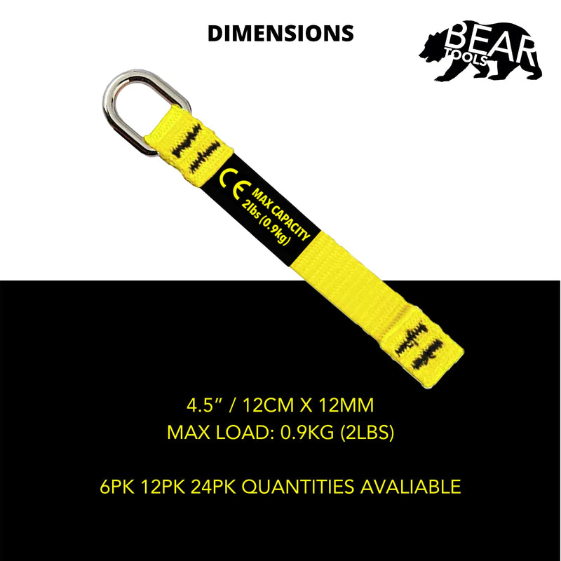 BearTOOLS Yellow Flat D-Ring Tool Tail Tethers, 2-In-1 Application, Max Load 0.9KG, 12CM x 12MM (24, Yellow) 24-pack