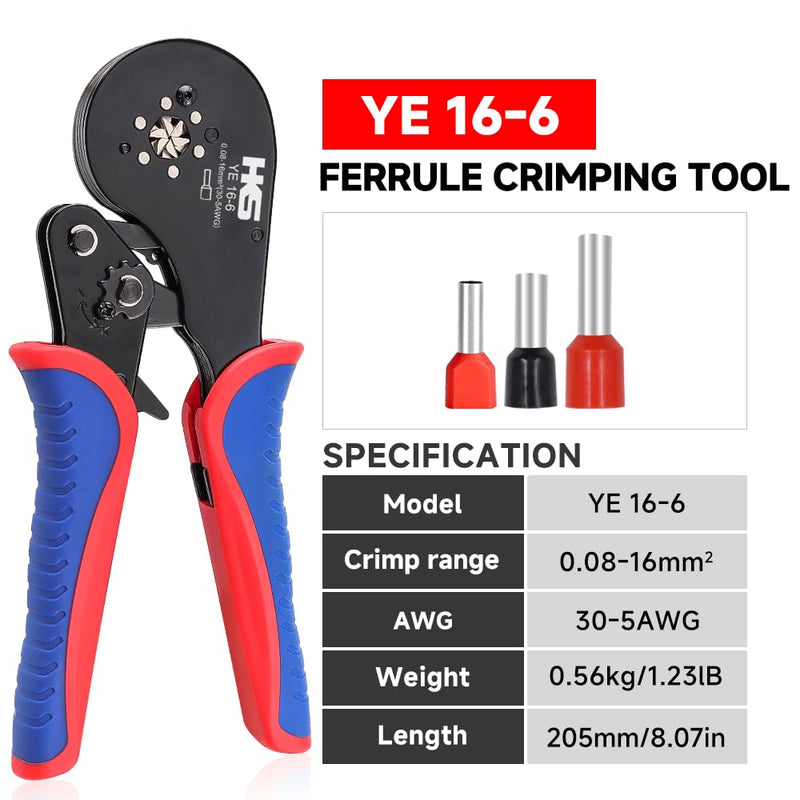 HKS Ferrule Crimping Tool Kit AWG 30-5 with 1200PCS Red Copper Terimnals, Hexagonal Self-Adjusting Ratchet Crimper for End-Sleeves (16-6 with 1200PCS Kit) 16-6 Ferrules Kit