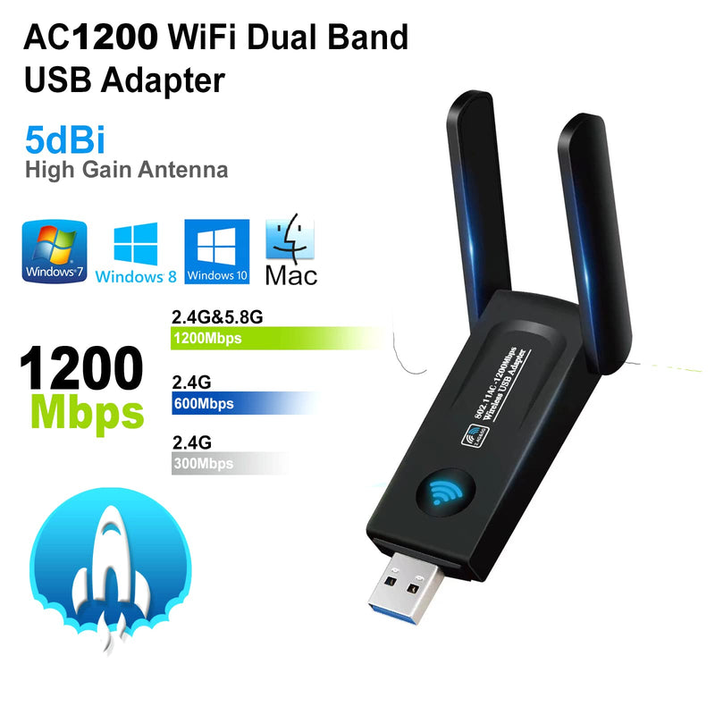 AC1200 High Power USB AC Wireless WiFi 5 Adapter Dongle 5dBi Dual Antenna 802.11AC