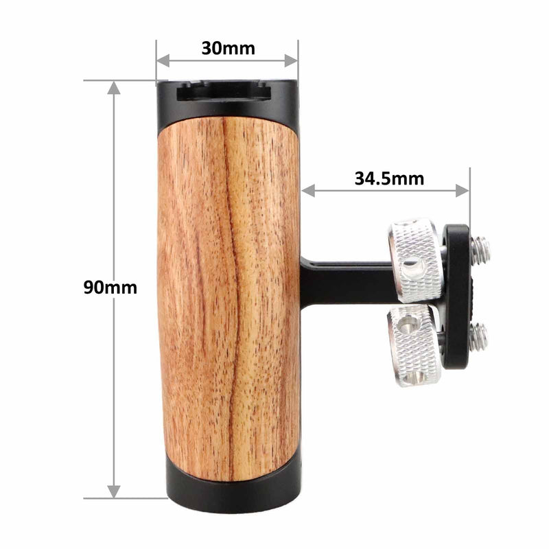 Side Handle Wooden Handgrip with Two 1/4"-20 Screws for DSLR Camera Vlog Camera Cage, Portable Mini Handle for Left/Right Hand with Cold Shoe 1/4" 3/8" ARRI Thread, Up and Down Adjustable 1/4"-20 Screw