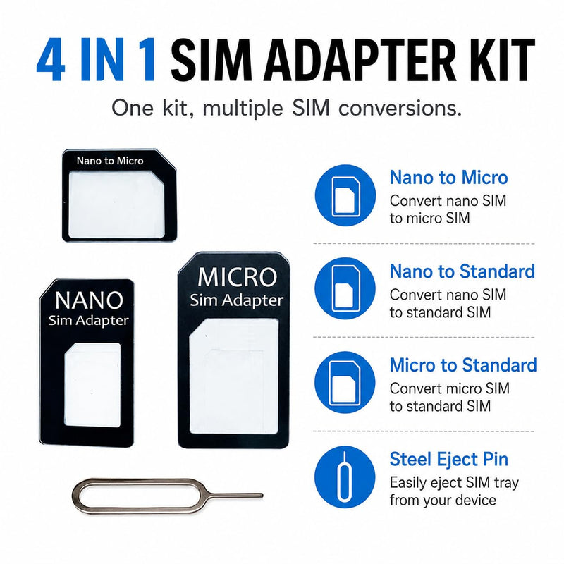 Sim Card Adapter Nano Micro - Standard 4 in 1 Converter Kit with Steel Tray Eject Pin (Black) Black