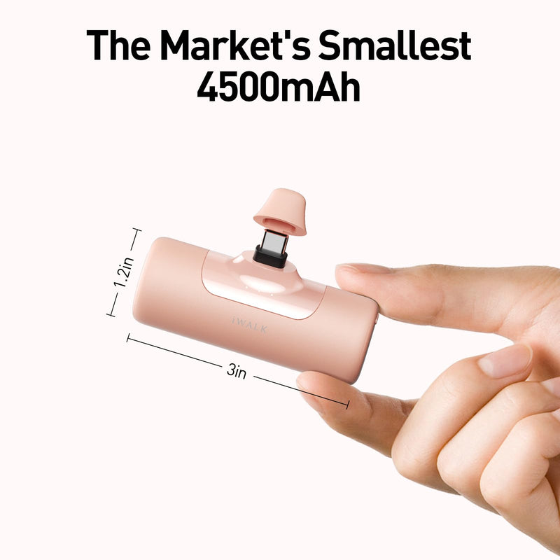 iWALK Small Portable Charger 4500mAh: Mini Power Bank with Built-in USB-C Connector, External Battery Pack for iPhone 15/15 Plus/15 Pro/15 Pro Max, Samsung S22/23, Android Cellphone, iPad Pro/Air Pink