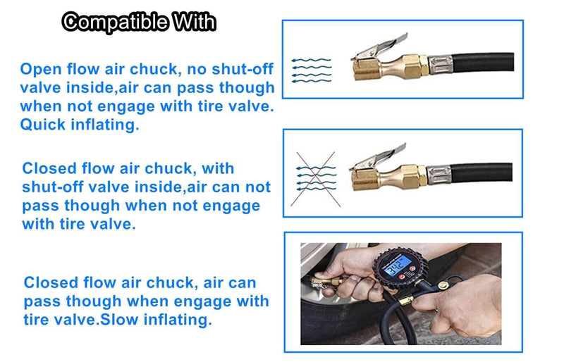 Heavy Duty Brass Air Chuck with Clip Adapter, Open Flow Straight Tire Chuck Air Nozzle, 1/4" FNPT Tyre Chuck for Tire Inflator Pressure Gauge Air Pump Compressor Accessories (Brass, 2 Pack) B-2Pack