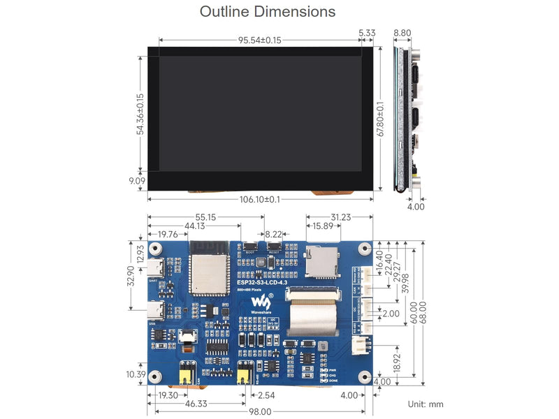 waveshare ESP32-S3 4.3inch Capacitive Touch LCD Development Board with 2.4GHz WiFi and BLE 5 Support,32-bit LX7 Dual-core ProcessorOnboard CAN, RS485, I2C Interface