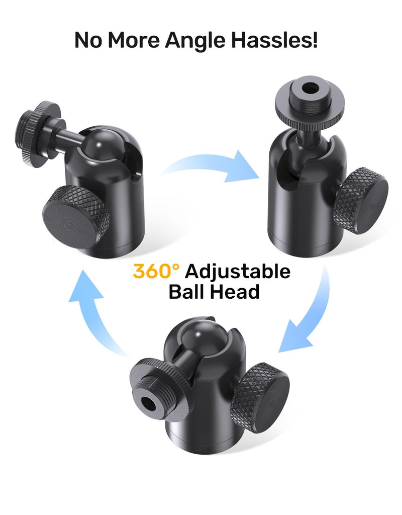 Ball and Socket Head Microphone Adapter with Angle Adjustment | 360° pan, 90° tilt, dual lock with texture, universal threads, aluminum, light & tool-free.
