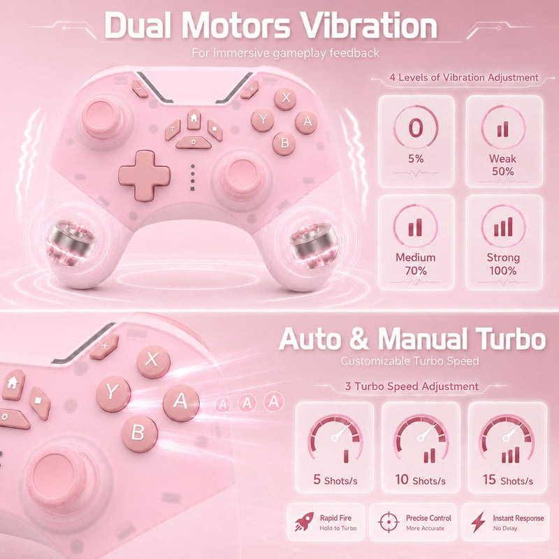 aghi Hall Effect Wireless Gaming Controller with Phone Clip | for iPhone/Android/PC/Steam/TV/Switch/Switch 2 with Hall Joysticks, Lock Speed, Macro, 6-Axis Gyro, Vibration, Turbo, Pink Light Pink