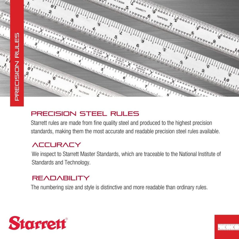 Starrett Spring Tempered Steel Rule with Satin Chrome Finish, Quick Reading and Inch Graduation - 6" Length, 4R Graduation Type, 3/64" Thickness - C604RE-6