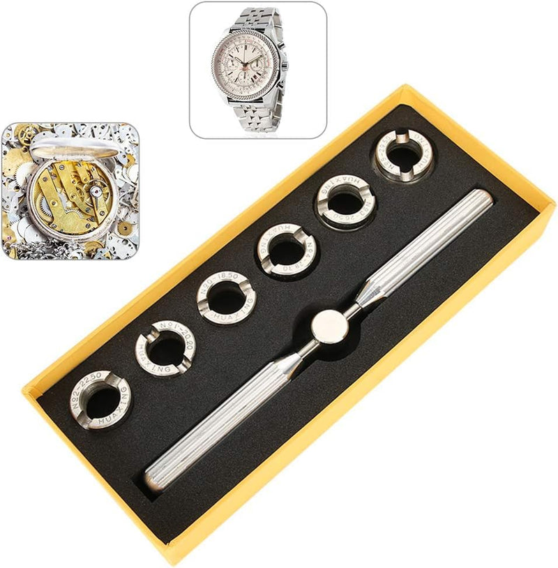 6PCS Watch Back Case Opener, 5537 Steel Cover Remover Wrench with Different Sizes Dies Watch Back Opening Tool Kit, Silver