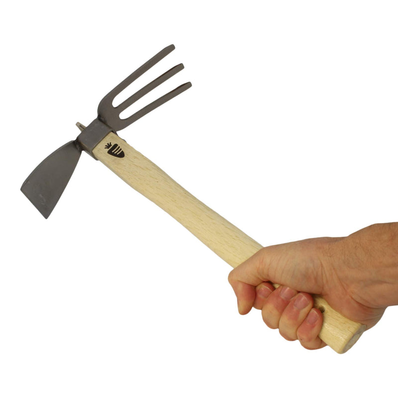 Carrot Design Stainless Japanese Style Garden Hoe and Cultivator Dual Headed Weeding Tool - 3 Prongs Combo Garden Tools with Wood Handle