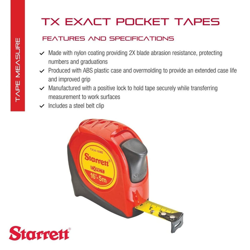 Starrett Exact Retractable Imperial/Metric Pocket Tape Measure with Nylon Coating, Self Adjusting End Hook, and Steel Belt Clip - 3/4" Width, 16' Length - KTX34-16ME-N