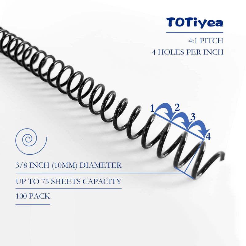 TOTiyea 100 Pack Plastic Spiral Binding Coils, 10mm(3/8") Binding Spirals, 75 Sheet Capacity, 4:1 Pitch, Black 3/8" (75 Sheet Capacity)