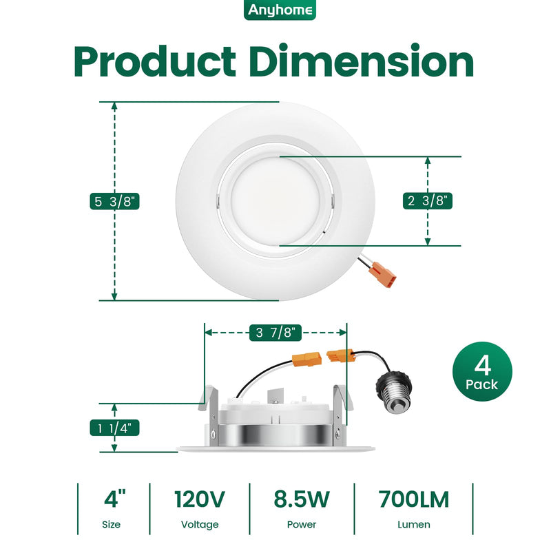 4 Inch Gimbal Led Recessed Lighting Retrofit,4 Retrofit Led Recessed Lighting,5 CCT 2700K-5000K Dimmable 8W 700LM,Compatible with TP24 Connector/E26 Bases,ETL & ES(4 Pack) 4 Inch