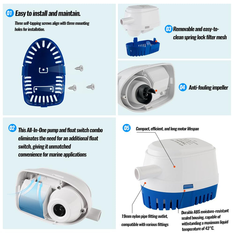 Automatic 12V 750GPH Marine Bilge Pump with Built-in Float Switch – Auto On/Off Submersible Boat Water Pump, 3/4" (19mm) Outlet for Efficient Bilge Water Removal on Boats & Yachts 12V750GPH