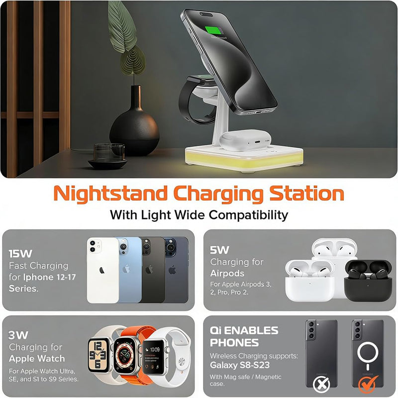 4-in-1 Magnetic Wireless Charging Station with LED Light for iPhone Series | Nightstand Wireless Charging Station for iPhone 13-17,Watch 10/9/8/7/Ultra 2/SE 2, Earbuds 4/3/2for Office Desk for Travel