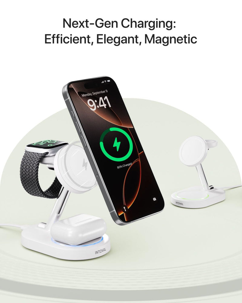 Intoval Fast Charging Station for Magsafe Apple Devices, Wireless Charger for MagSafe iPhones, 3 in 1 Magnetic Charger Stand for iPhone16/15/14/13, Apple Watch & AirPods.(White) White