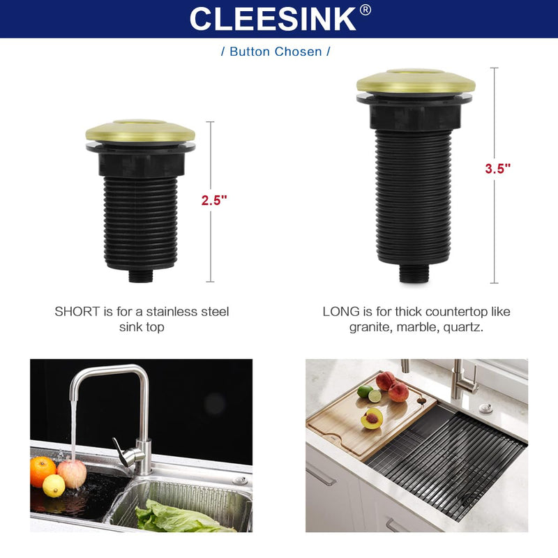 Garbage Disposal Switch, Cordless Air On Off Kit for Food Waste Disposer, Brushed Gold, LONG 3.5" Sink Top Push Button by CLEESINK LONG/3.5"