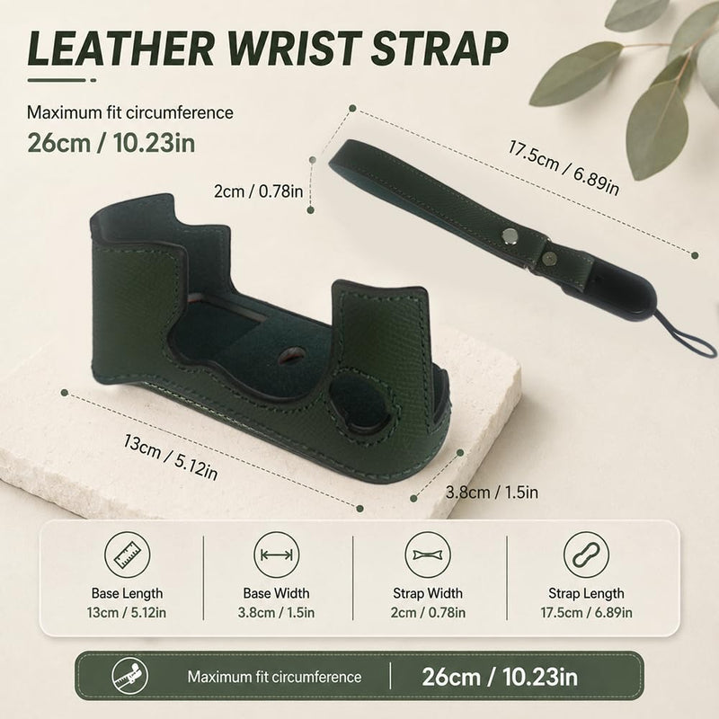 Bowan X-T50 Camera Case, Handmade Genuine Real Leather Half Camera Case Bag Cover for X-T50 Camera Bottom Opening Version + Hand Strap (Green) green