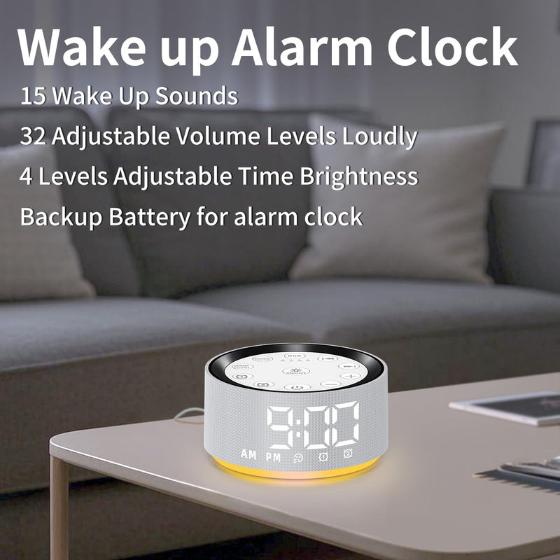 Alarm Clock Sound Machine White Brown Noise Machine with 30 Sleeping Sounds for Baby Kids Adults Night Light Bedroom 2 Alarms Backup Battery 32-Level Vol 15 Wake up Sounds for Mild Heavy Sleeper Grey