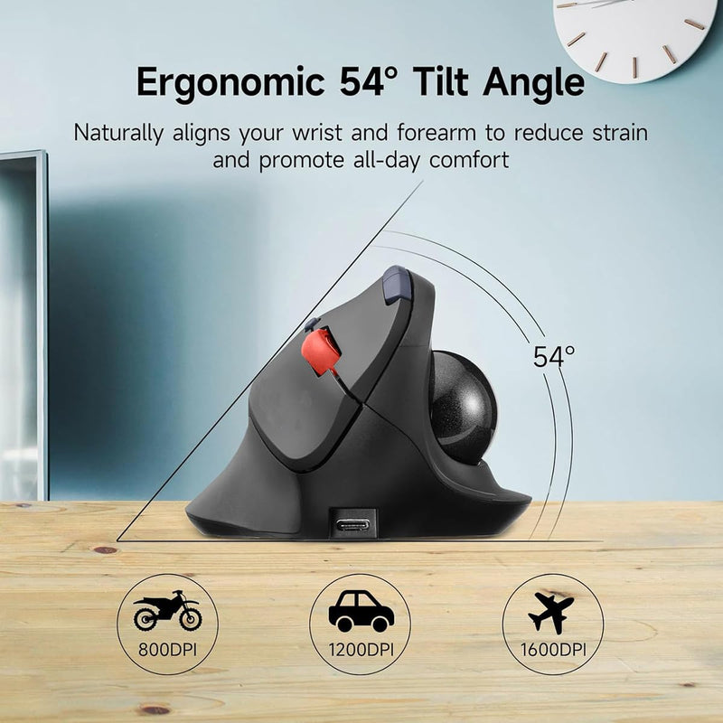 Dual Mode Wireless Vertical Computer Trackball Mouse, Ergonomic Bluetooth Thumb-Control Mouse with Quiet Clicks Ergonomic Design Adjustable CPI ,Built-in 500mAh Battery Rechargeable for PC/Mac/Laptop