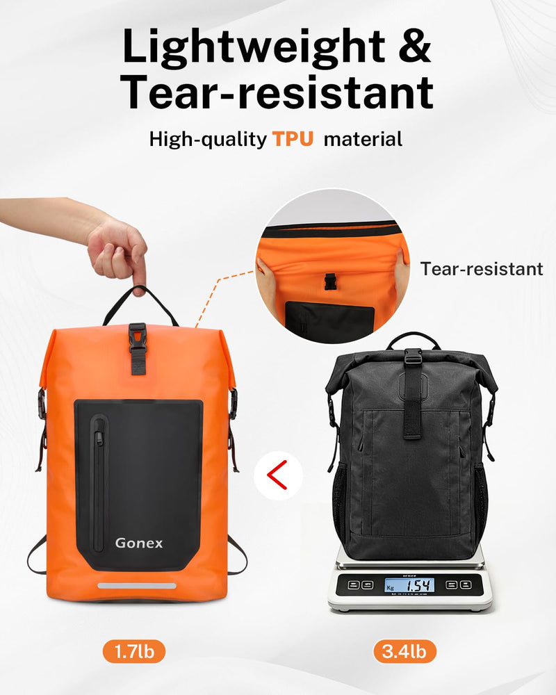 Gonex Waterproof Ultralight TPU Backpack 55L Roll Top Dry Bag, Kayaking | Back Padding, Camping, Fishing, Travel, Adjustable Straps, External & Internal Storage Pockets, Orange