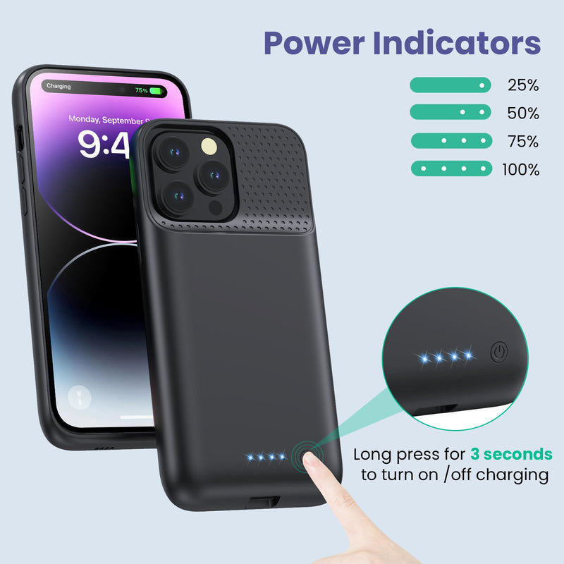 Pxwaxpy Battery Case for iPhone 13 Pro Max/14 Pro Max/14 Plus,Slim 8600mAh Charger Case Upgraded 360°Anti-Fall Protection Rechargeable Charging case for iPhone 13 Pro Max/14 Pro Max/14 Plus Black