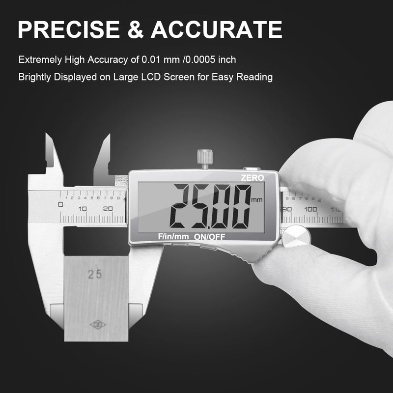 Preciva Digital Caliper, Electronic Stainless Steel Caliper Measuring Tool, Micrometer Calipers with Large LCD Screen, Switch from Inch Metric Fraction, Auto-Off Feature (6INCH/150MM) (White) White