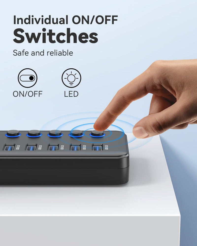 Powered USB 3.0 Hub, Wenter 48W 11-Port USB Hub Splitter (7 Faster Data Transfer Ports+ 4Pcs QC Charging Ports) with Individual LED On/Off Switches, USB Hub 3.0 Powered with Power Adapter 7+2+2