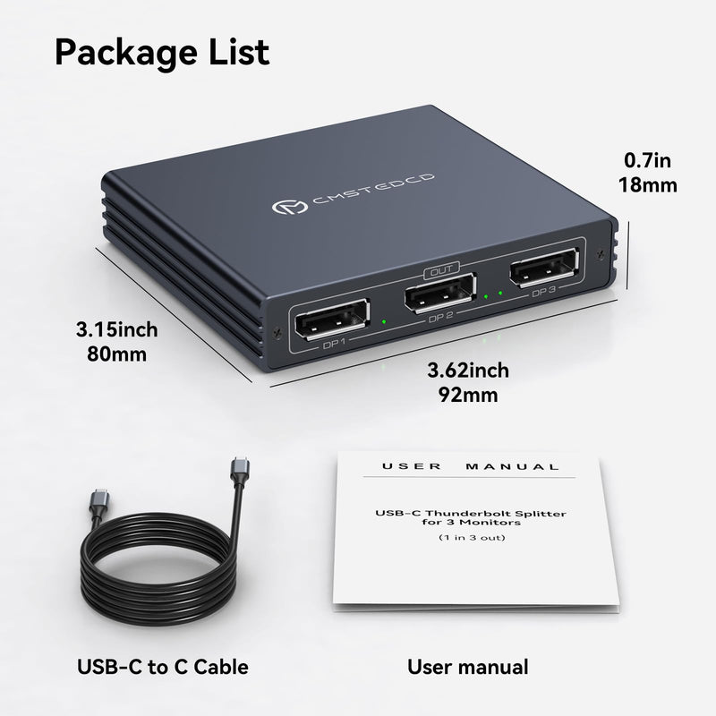 USB C to DisplayPort Splitter 4K@60Hz DisplayPort MST Hub for Triple Monitors with 100W PD Supports Extended Mirror Mode (Mac OS Only Mirror) Compatible with Thunderbolt 3/4/5 Laptops Windows USB-C IN