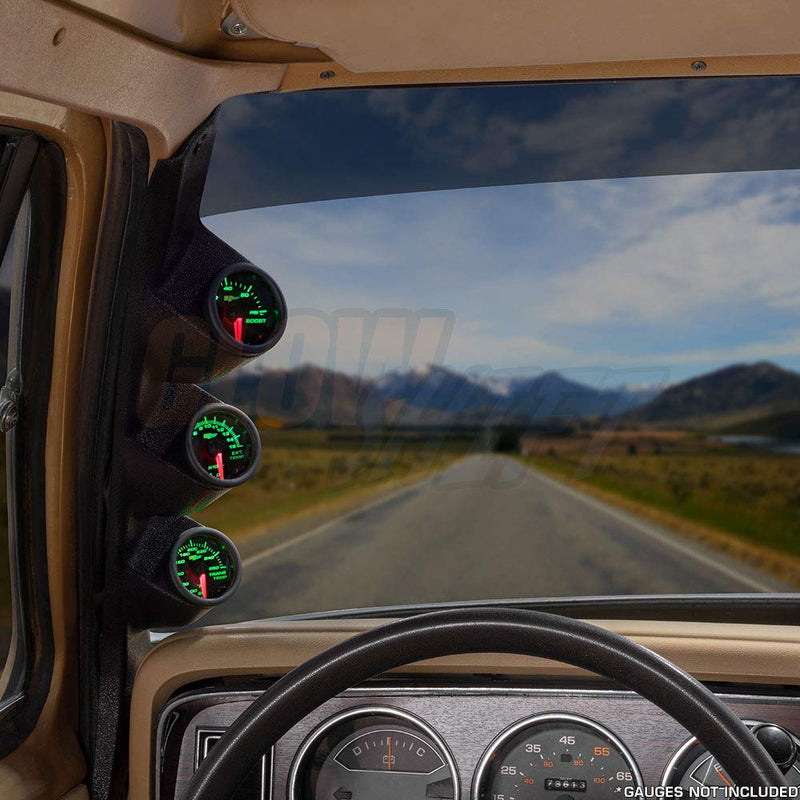 GlowShift Black Triple Pillar Gauge Pod Compatible with Dodge Ram First Generation Cummins 1986-1993 - ABS Plastic - Mounts (3) 2-1/16" (52mm) Gauges to Truck's A-Pillar