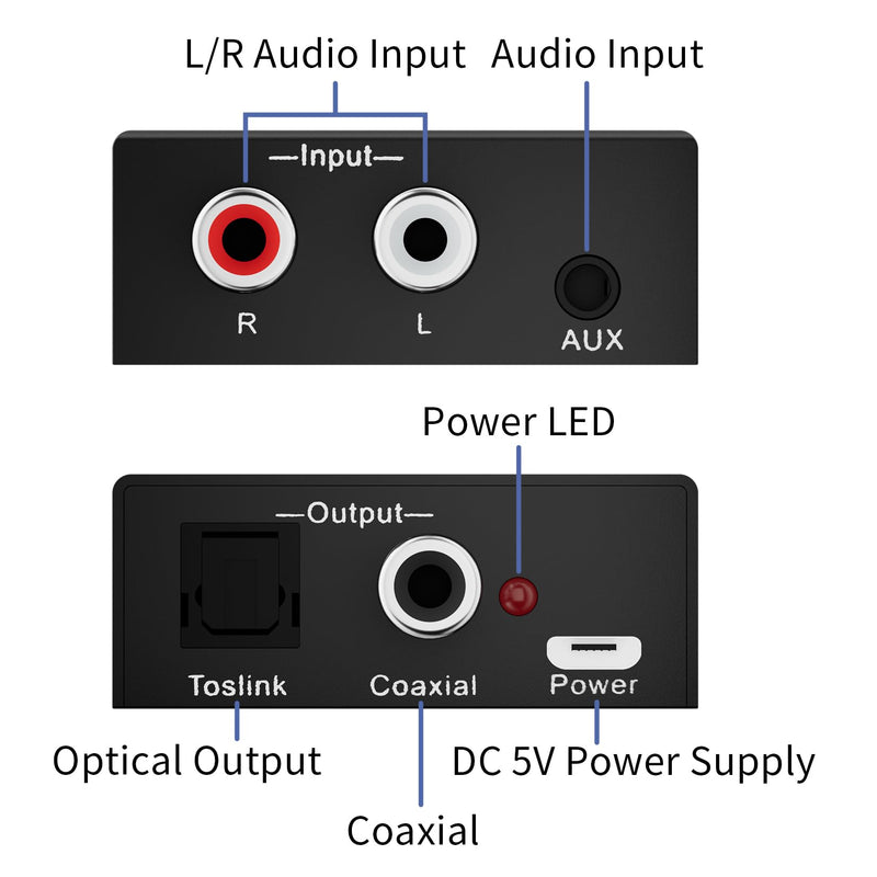Analog to Digital Audio Converter Fits for RCA to Optical Coaxial, R/L or 3.5mm Jack AUX to Digital Coaxial & Toslink SPDIF Audio Converter Adapter for PS4 Xbox HDTV DVD Amplifier Speaker Soundbar