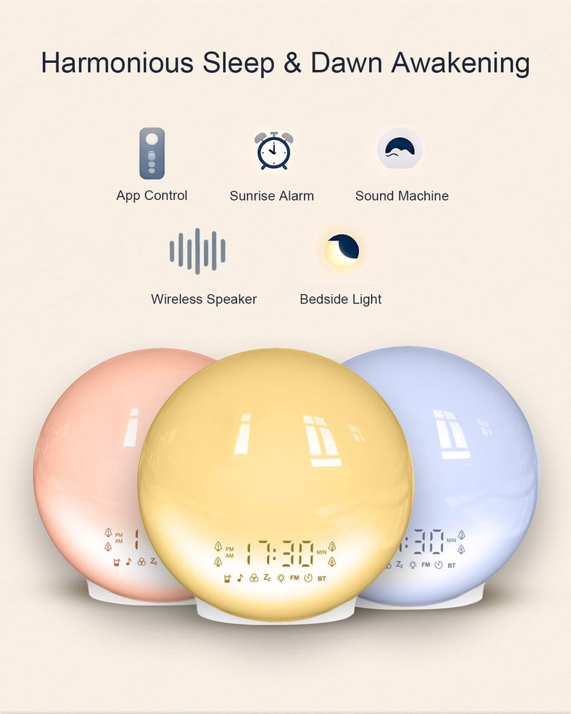 Smart Sunrise Alarm Clock with No Signup APP Control & Wake-Up Light, 4 Alarms, White Noise, FM Radio, Wireless Speaker, White