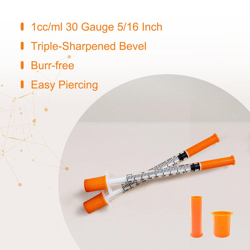100 Pack U-100 Syringes, 1ml/cc 30G 5/16" (8mm) Disposable Syringe, Individually Packed 1ml 5/16 inch 30G 100