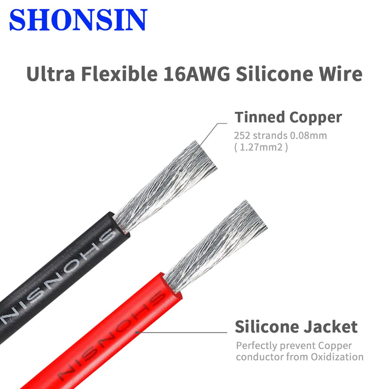Shonsin 16 Gauge Flexible Silicone Wire 100FT Red 16 AWG Stranded Automotive Wire 252 Strands 0.08mm Tinned Copper Conductor (1.27mm2) Rating 392℉ 600V