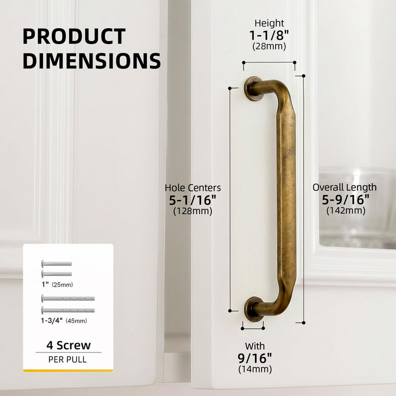 Goldenwarm 10 Pack 5 Inch Antique Brass Cabinet Pulls Vintage Retro Brass Drawer Pulls Kitchen Cabinet Handles Solid Zinc Alloy Hardware for Cupboard, Bathroom, Dresser 5 Inch Hole Center